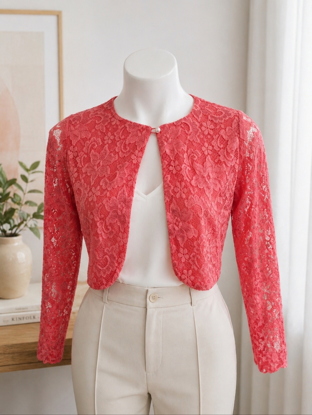 Elegant Cropped  Coral Lace Women's Blazer